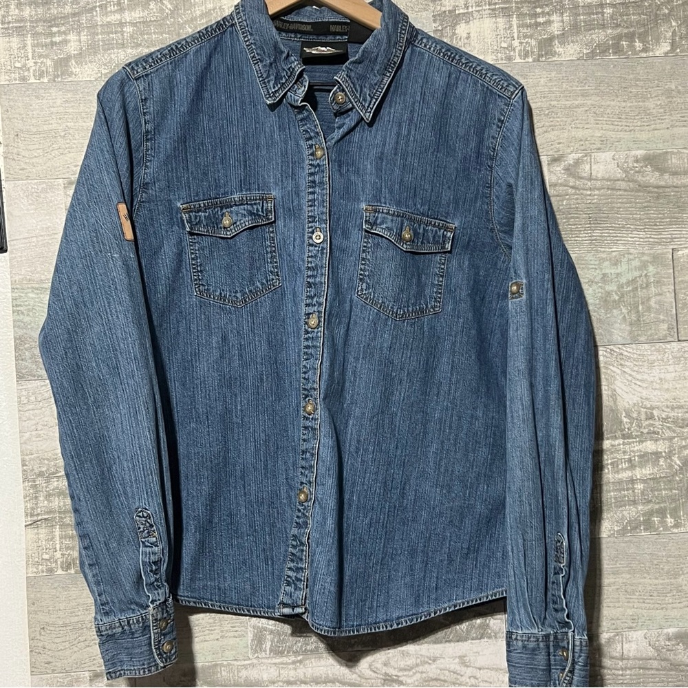 Harley Davidson VINTAGE Button Down Denim Long Sleeve Shirt Jacket Ladies XL
